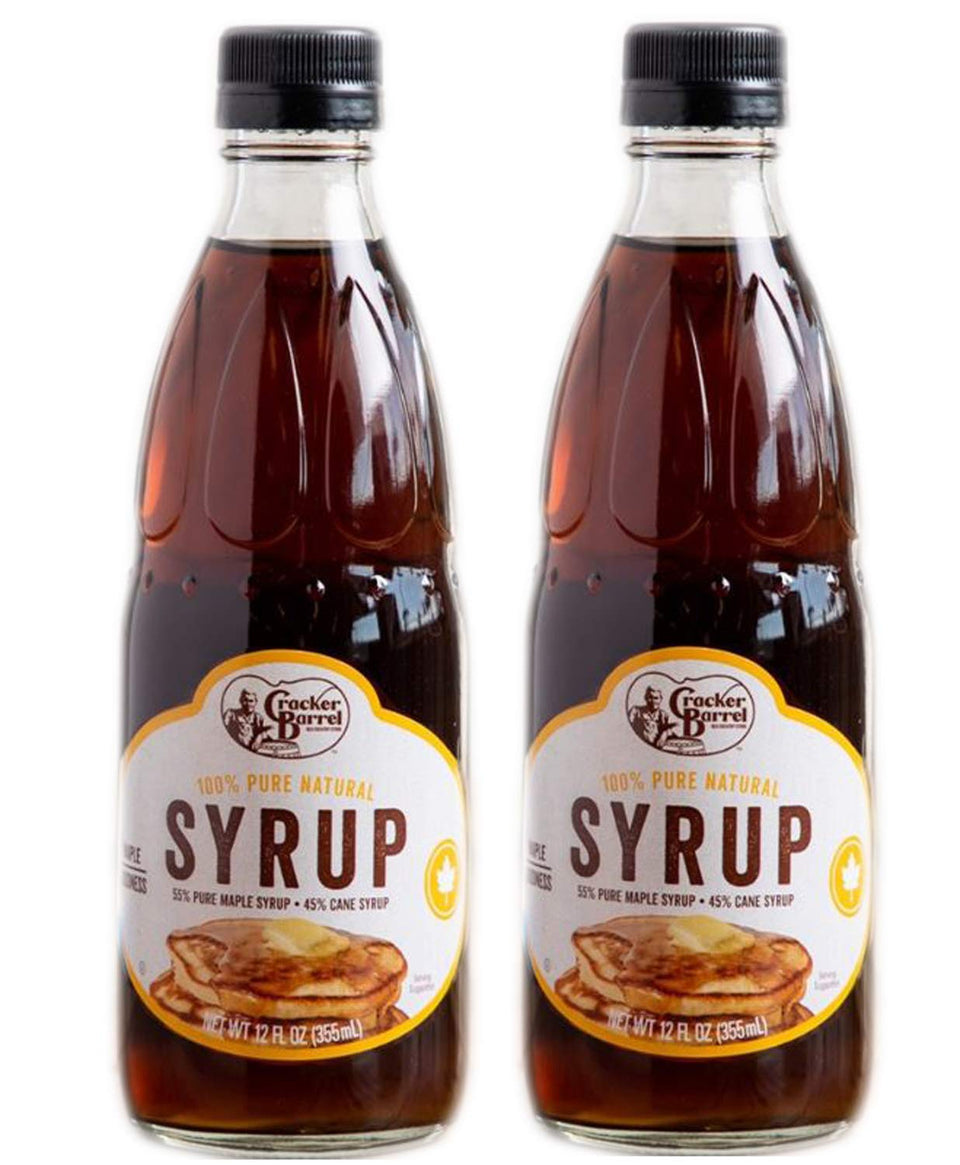 Cracker Barrel Pancake Syrup bottle with 12 oz pack 2, ideal for homemade pancakes.