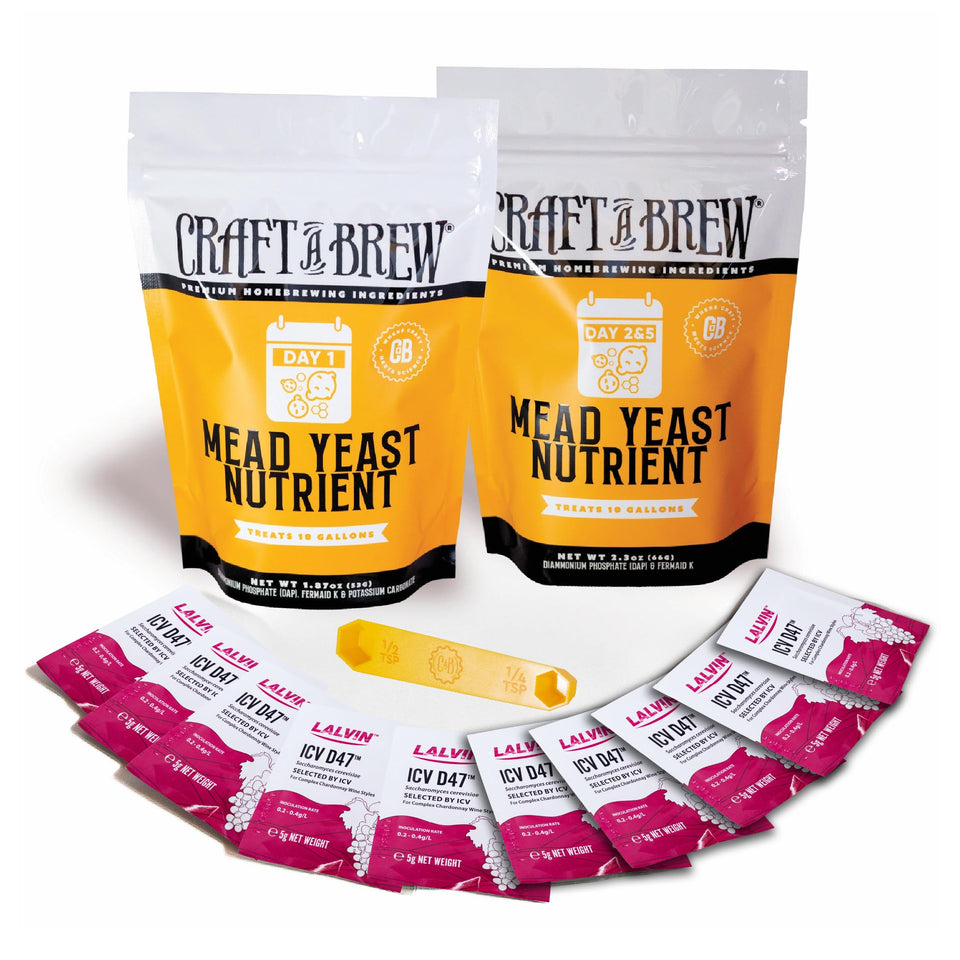 Craft A Brew mead nutrient bundle with Lalvin D47 yeast packaging for fermentation.