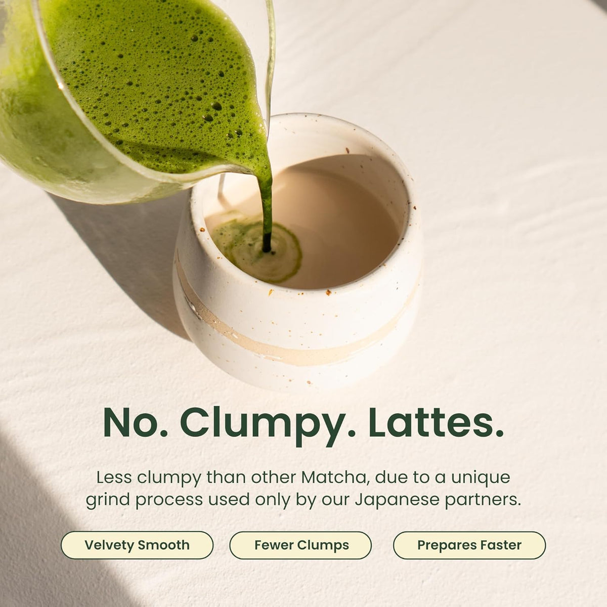 Crafti Matcha latte cup close-up illustrating bold flavor in a creamy beverage