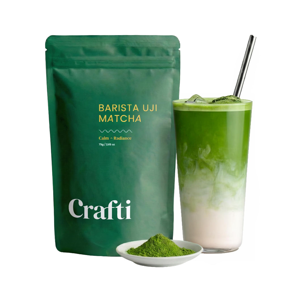 Crafti Barista Premium Uji Matcha packaging highlights authentic Kyoto quality for latte lovers