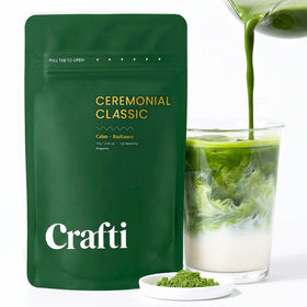 Crafti ceremonial-grade matcha powder 75g tin ready for preparation and mindful daily ritual.