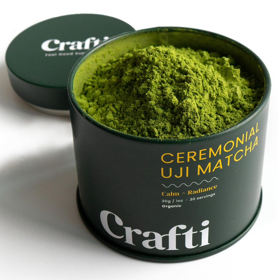 Crafti ceremonial grade matcha powder organic 30g packaging highlights freshness and sustainability.