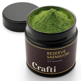 Crafti ceremonial matcha powder in a glass jar for authentic rituals.
