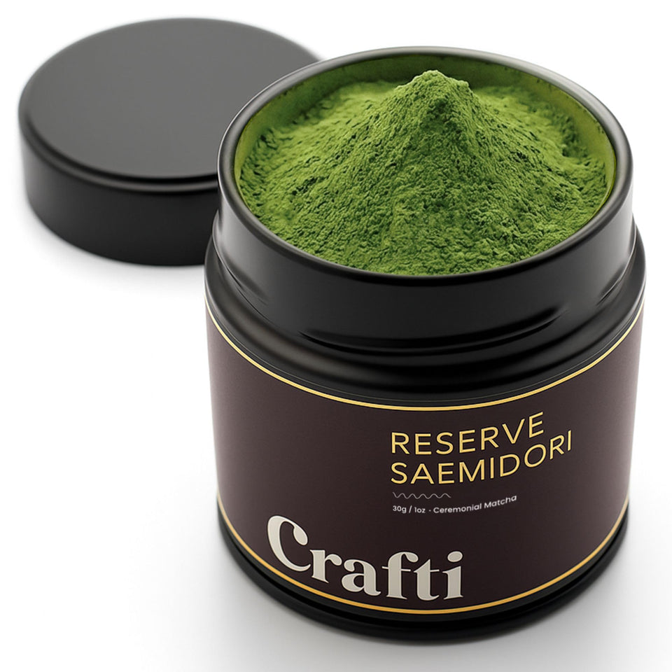 Crafti ceremonial matcha powder in a glass jar for authentic rituals.