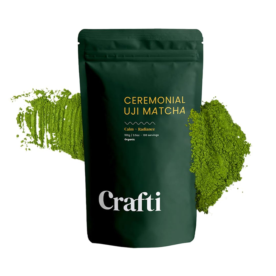 Crafti ceremonial matcha powder jar highlighted for authentic, sugar-free energy.