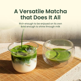 Close-up of matcha powder being sifted for smooth whisking.