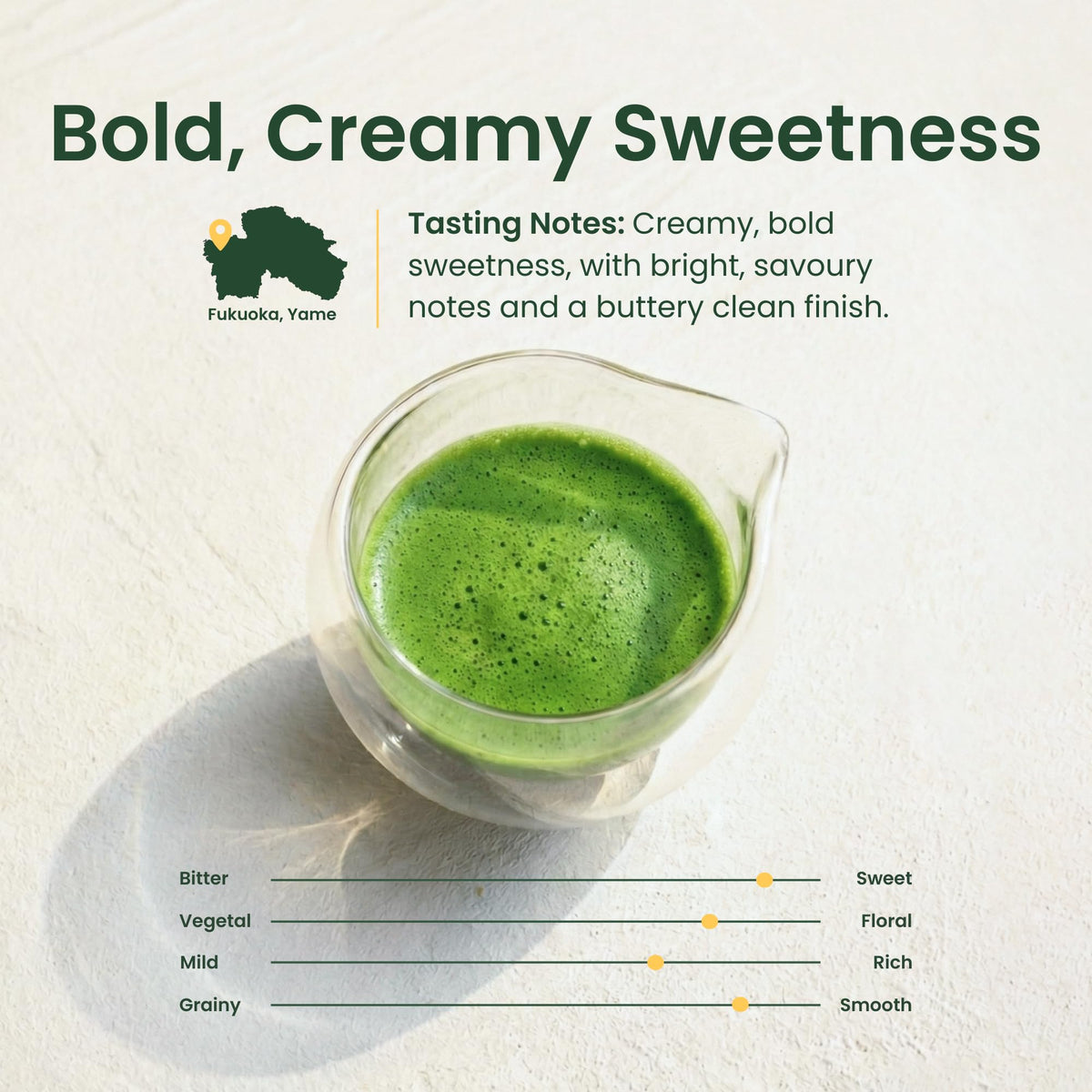 Crafti matcha from Yame, Fukuoka origin, offering origin-rich flavor for routines.