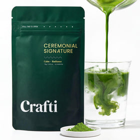 Crafti Signature Matcha tin in front, ideal for gifting and daily ceremonial routines.