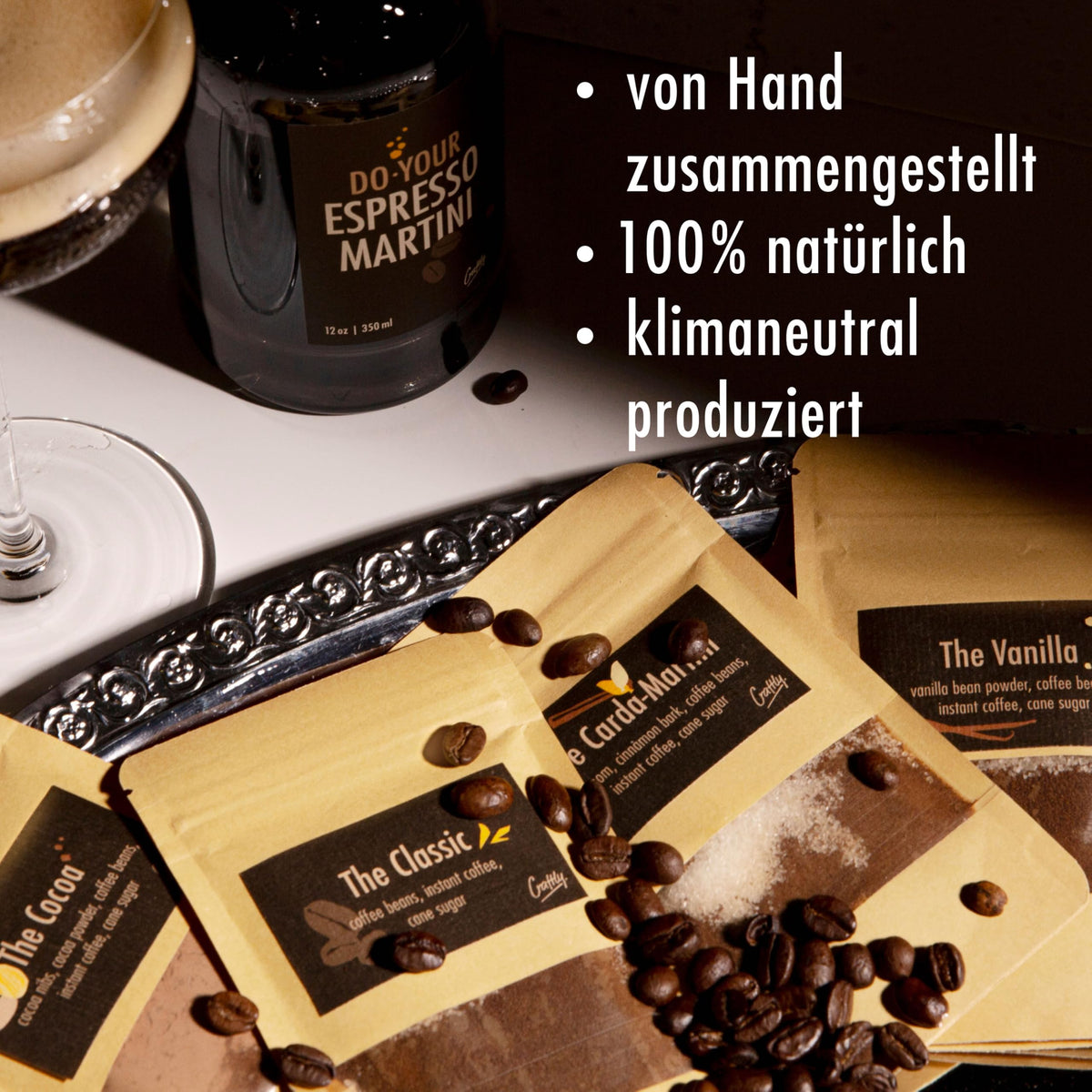 Craftly Espresso Martini Infusion Kit instruction card guiding mix steps