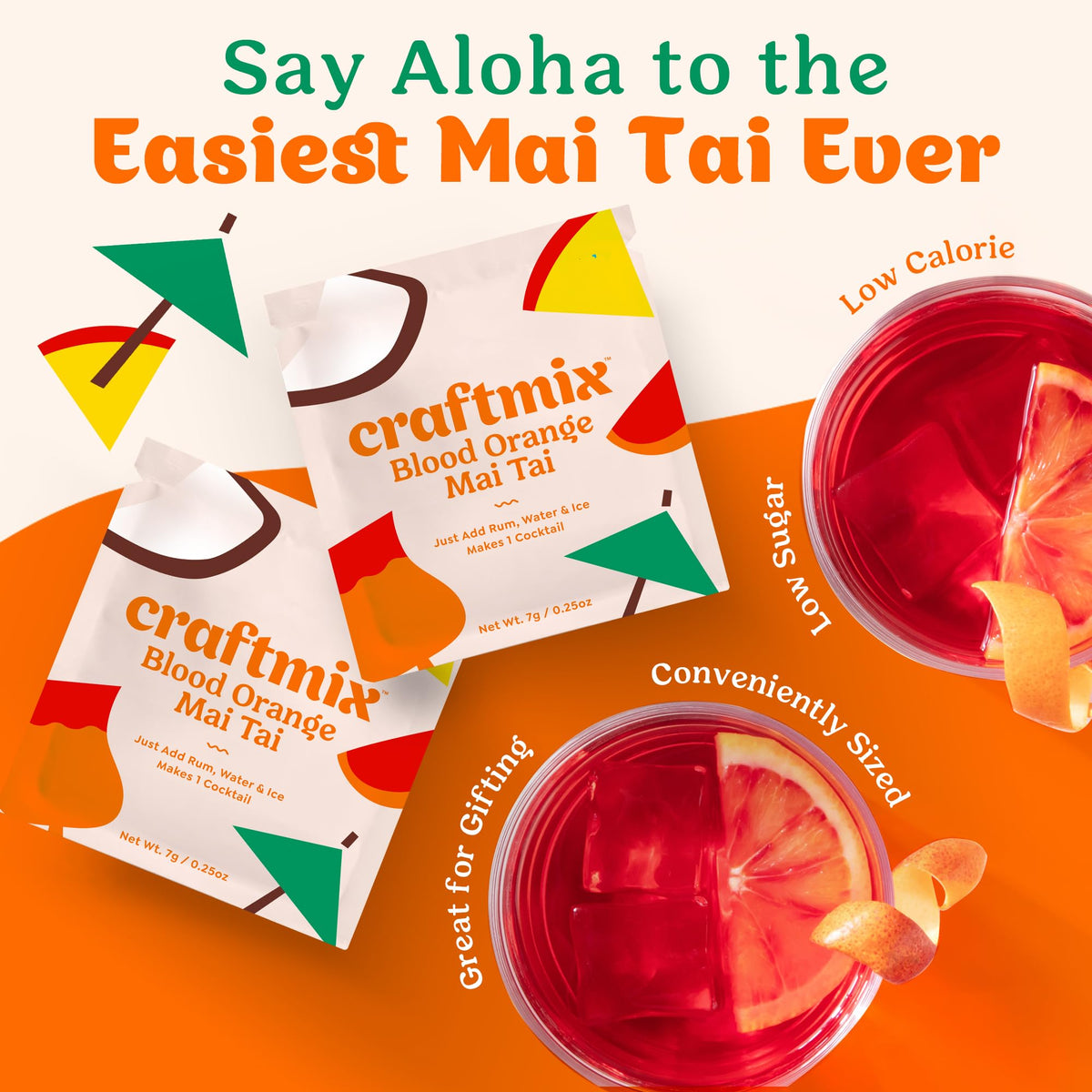 Stirring Craftmix Blood Orange Mai Tai packet for fast, flavorful drinks in minutes.