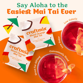 Stirring Craftmix Blood Orange Mai Tai packet for fast, flavorful drinks in minutes.