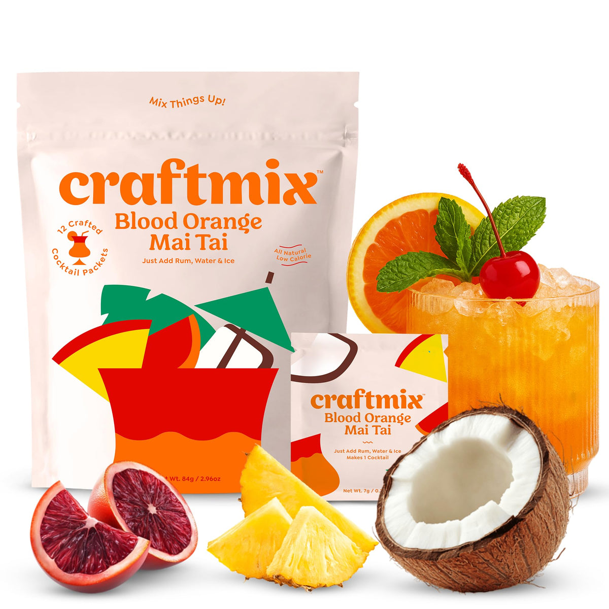 Craftmix Blood Orange Mai Tai packet on packaging highlighting real fruit flavor for quick drinks.