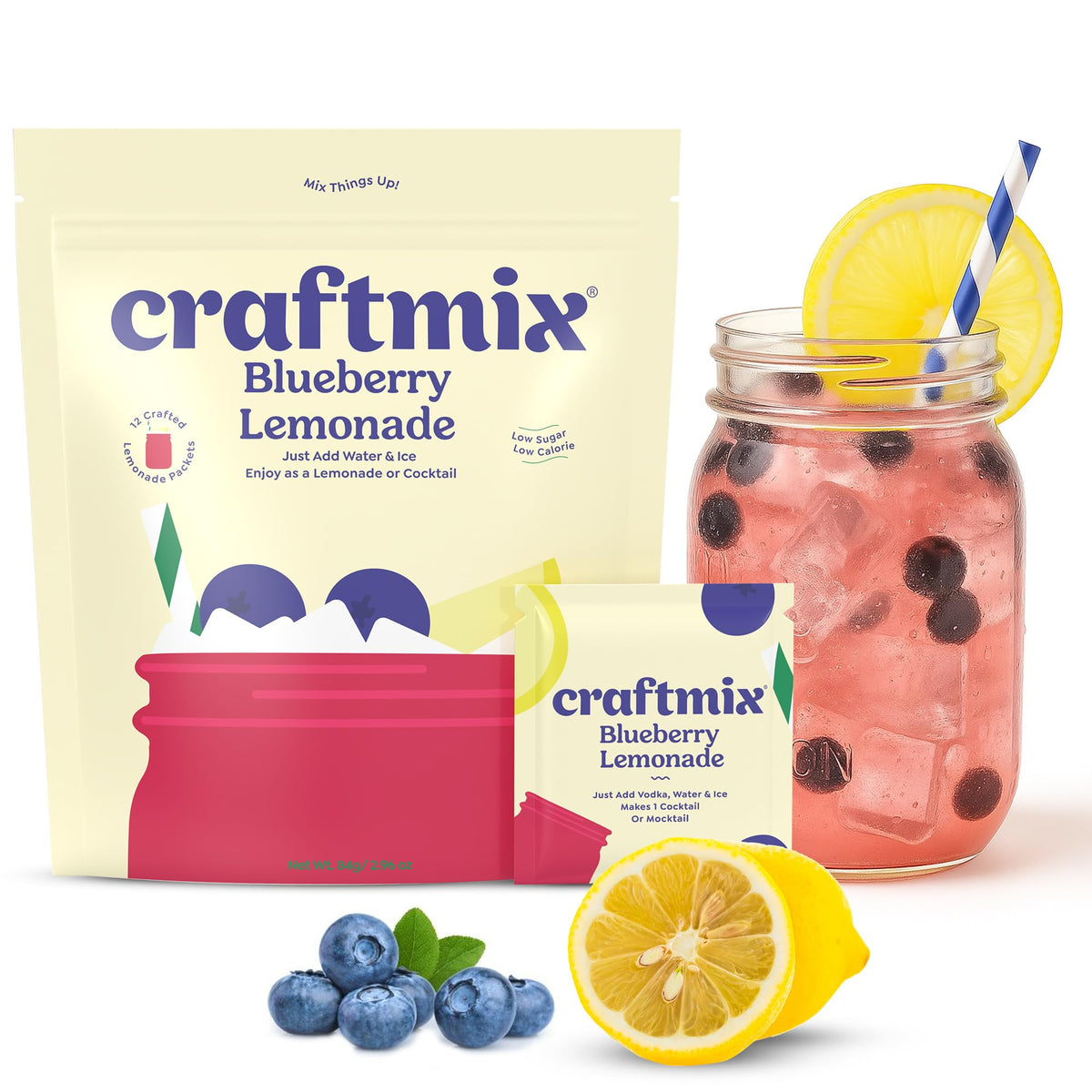 CraftMix Blueberry Lemonade packets add convenient flavor to water for on-the-go hydration.