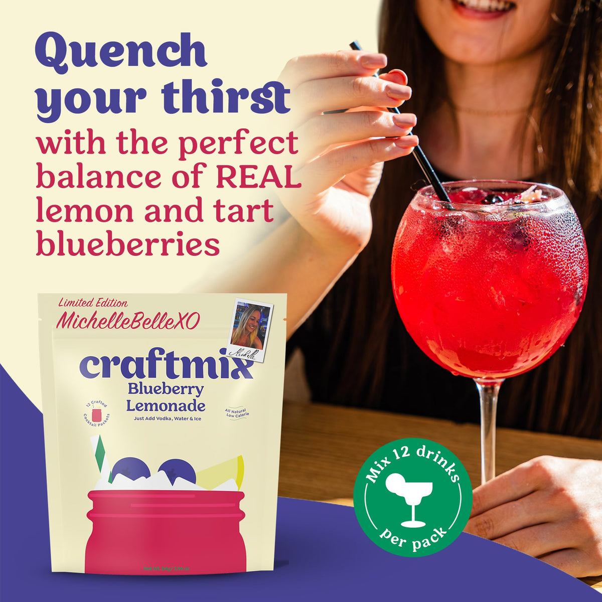 Pouring CraftMix Blueberry Lemonade into a glass reveals vibrant color and fresh aroma.