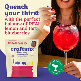 Pouring CraftMix Blueberry Lemonade into a glass reveals vibrant color and fresh aroma.