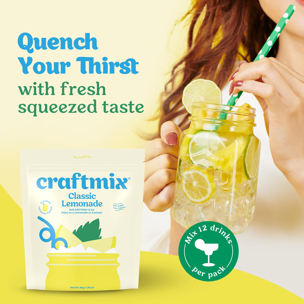 Craftmix Classic Lemonade packet dispense demonstrates quick, mess-free preparation