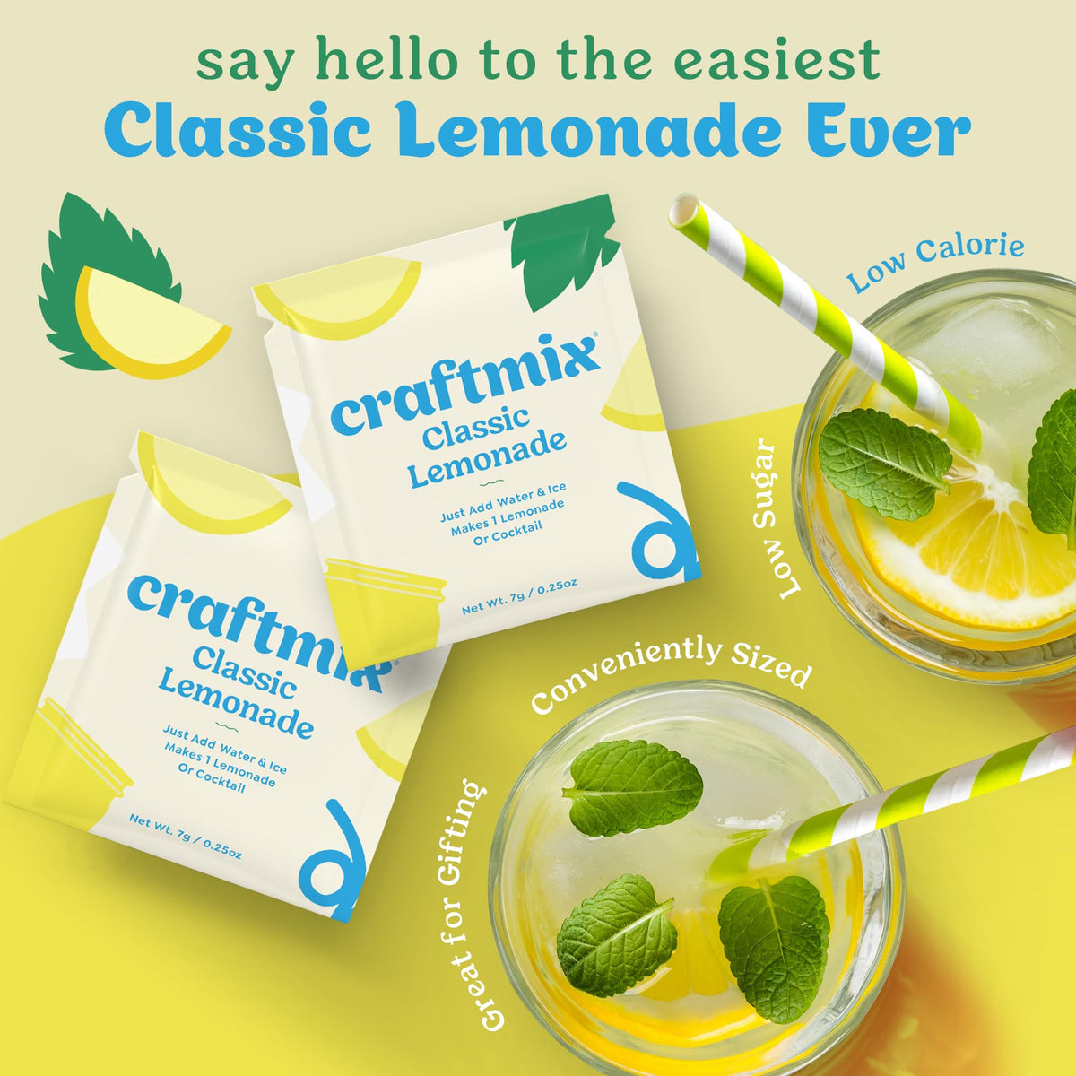 Craftmix Classic Lemonade packets closeup showing real fruit flavor and natural ingredients