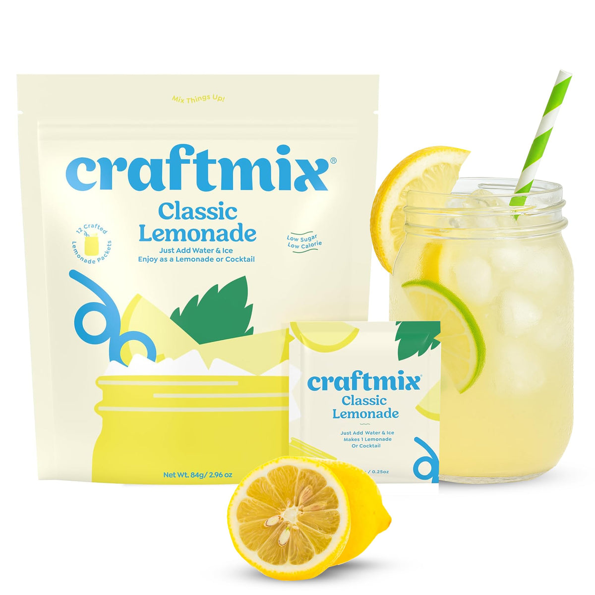 Craftmix Classic Lemonade packets packaging on a bright kitchen counter for easy hydration