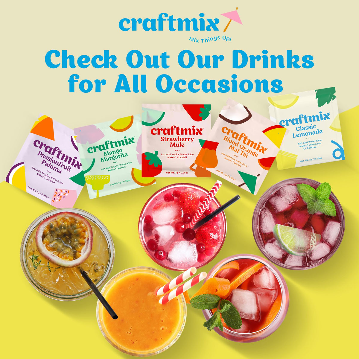 Craftmix Classic Lemonade packets lined up for party-ready prep