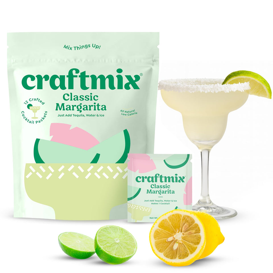 Craftmix Classic Margarita mixer packet being poured into a glass for a refreshing low-cal drink.