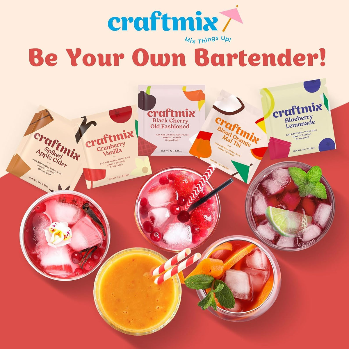 Craftmix cranberry-vanilla packet beside a prepared mocktail glass.