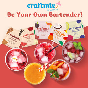 Craftmix cranberry-vanilla packet beside a prepared mocktail glass.