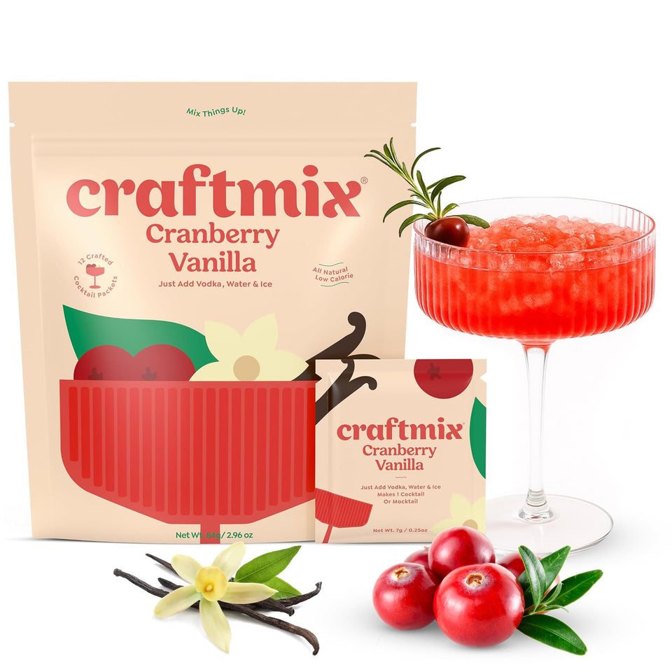 Craftmix Cranberry Vanilla mixer packaging highlights real fruit for natural flavor.