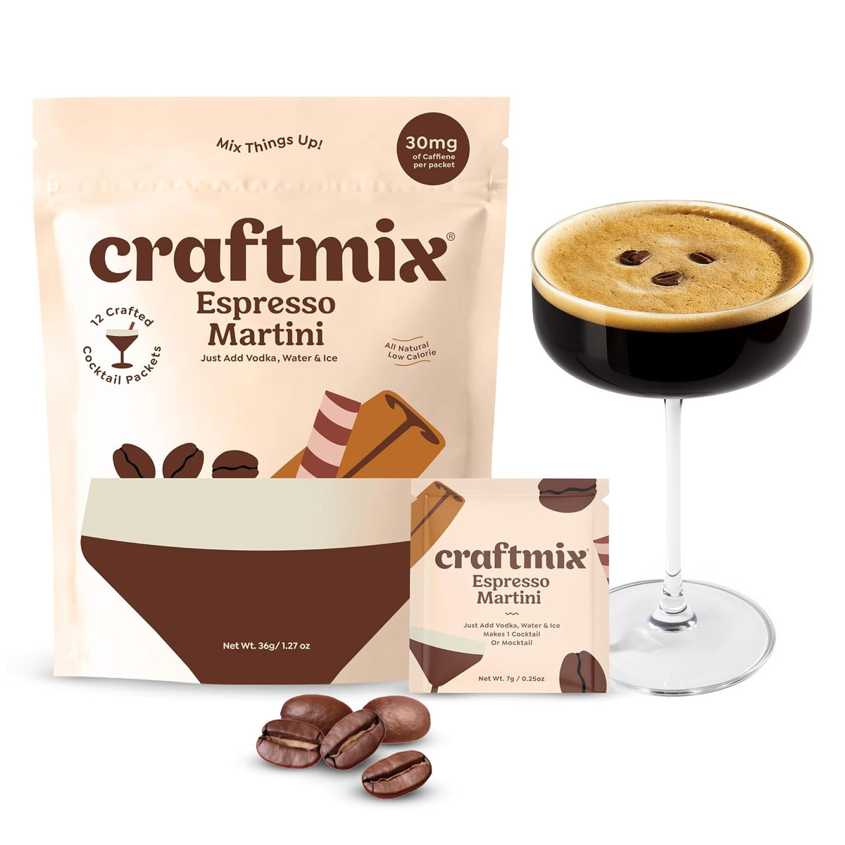 Craftmix Espresso Martini mixer bottle pour enables quick coffee cocktails.
