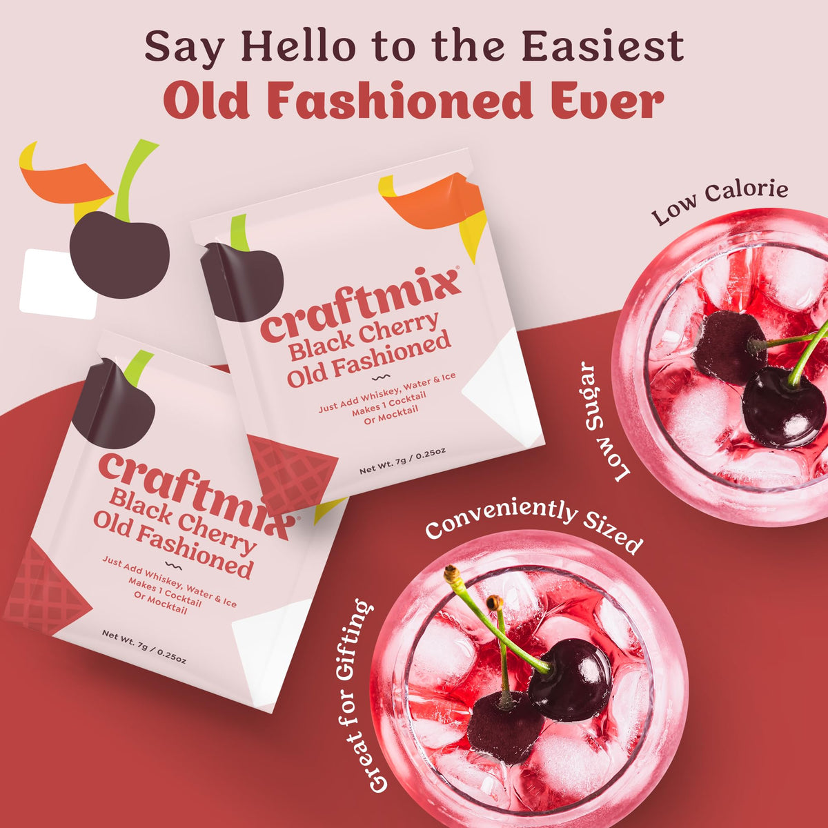 CraftMix glass with cherry and ice illustrates a ready-made mocktail option.