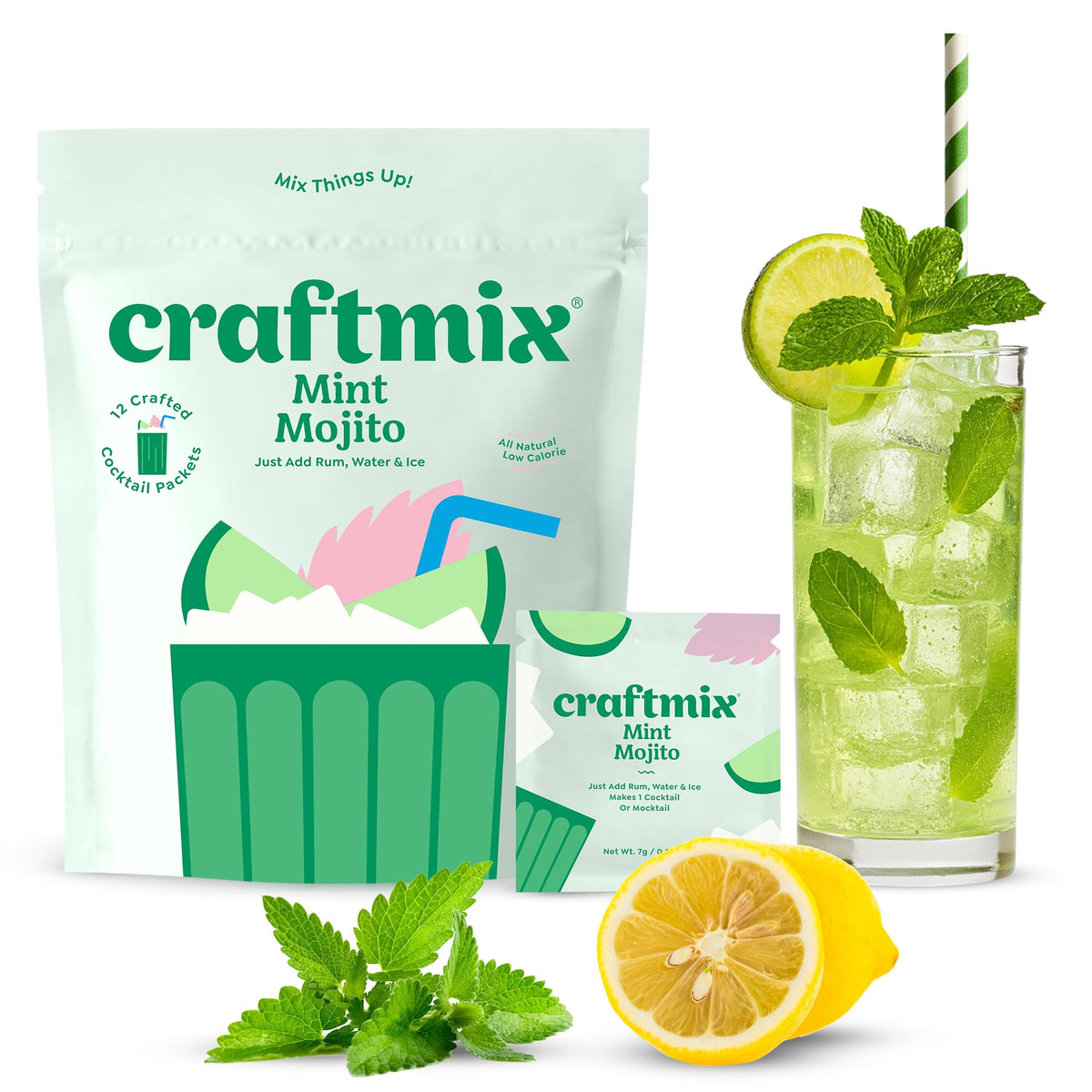 CraftMix Mint Mojito mixer packet on a bright bar setup for quick, refreshing low-calorie drinks.