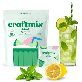 CraftMix Mint Mojito mixer packet on a bright bar setup for quick, refreshing low-calorie drinks.