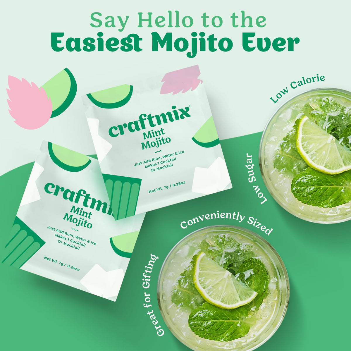 CraftMix Mint Mojito mixer packet poured into sparkling water for a vibrant mocktail.
