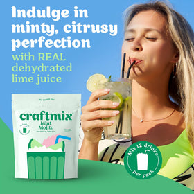 Close-up of CraftMix Mint Mojito packets highlighting real fruit ingredients.