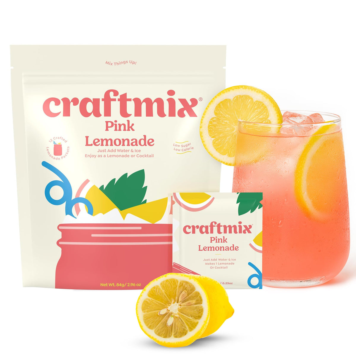CRAFTMIX Pink Lemonade packets beside a glass of water for a quick flavor boost