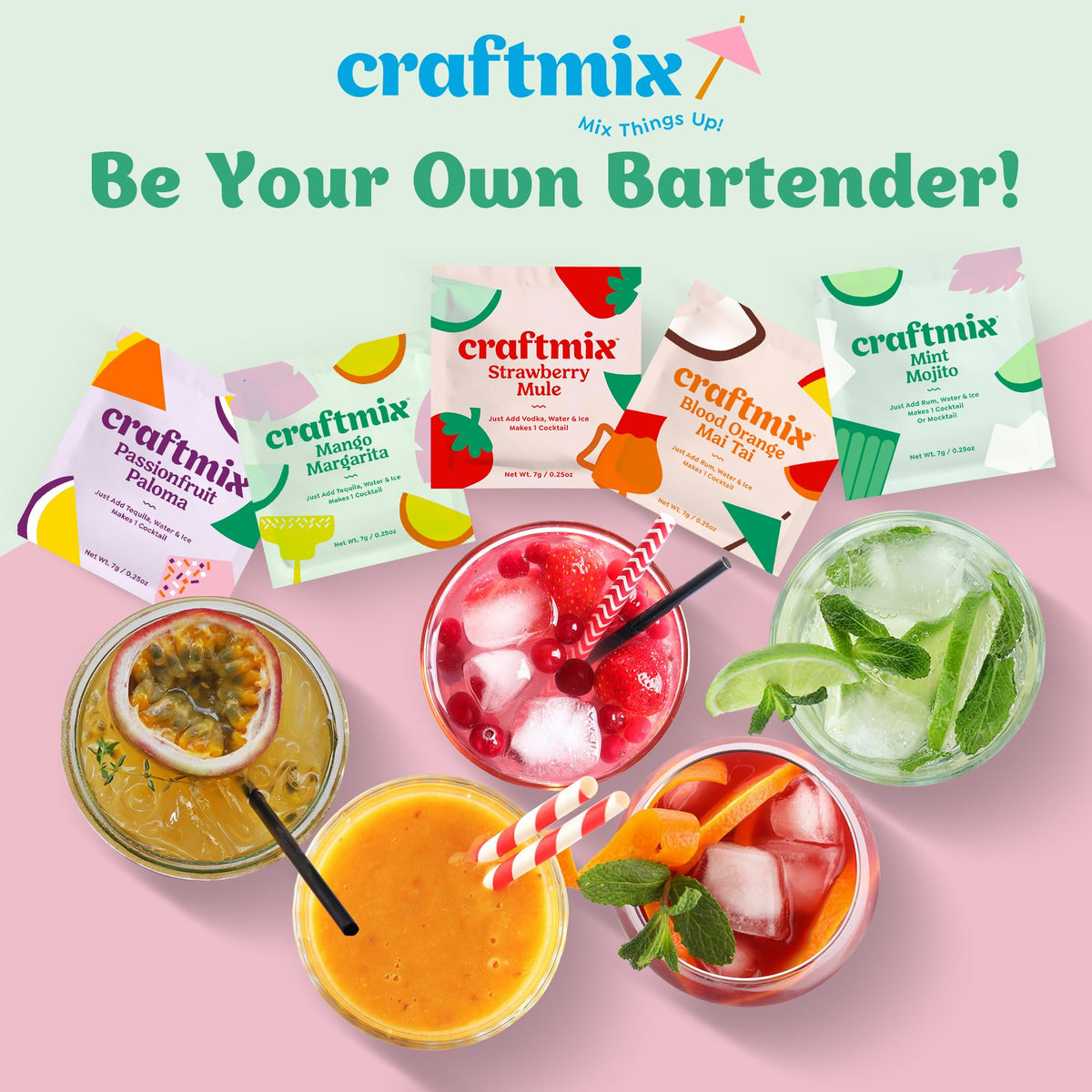 Craftmix packets mixed with sparkling water over ice for a simple serve.
