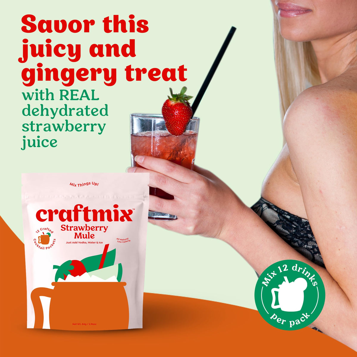 Close-up of CraftMix ingredients beside packet, highlighting natural, non-GMO ingredients.
