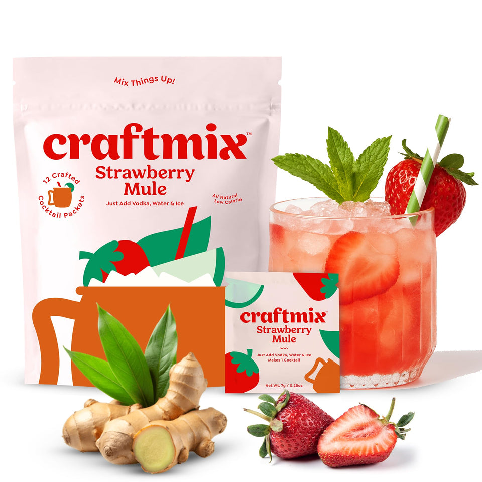 CraftMix Strawberry Mule packets 12-pack on kitchen counter, ideal for quick, low-calorie cocktails.