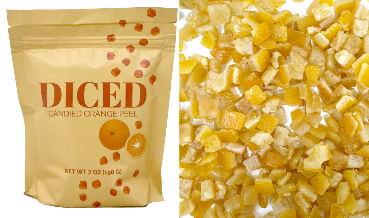 Crait candied orange peel garnish on a frosted dessert.