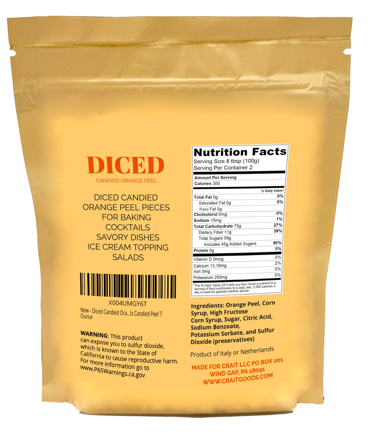 Close-up of diced Crait candied orange peel, ideal for desserts.