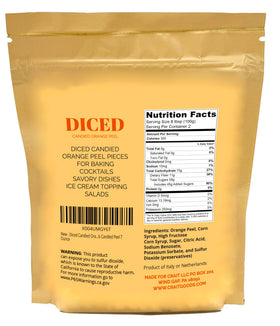 Close-up of diced Crait candied orange peel, ideal for desserts.