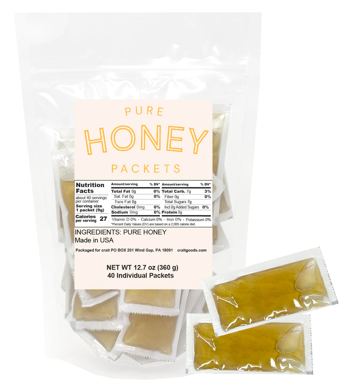 Crait honey packets single-serve 9g for travel-friendly sweetness.