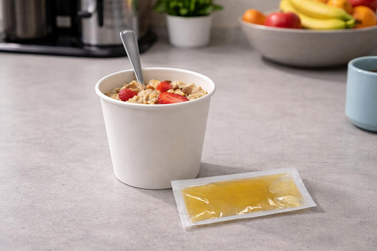 Crait honey packets paired with tea or hot water for easy flavor boost.