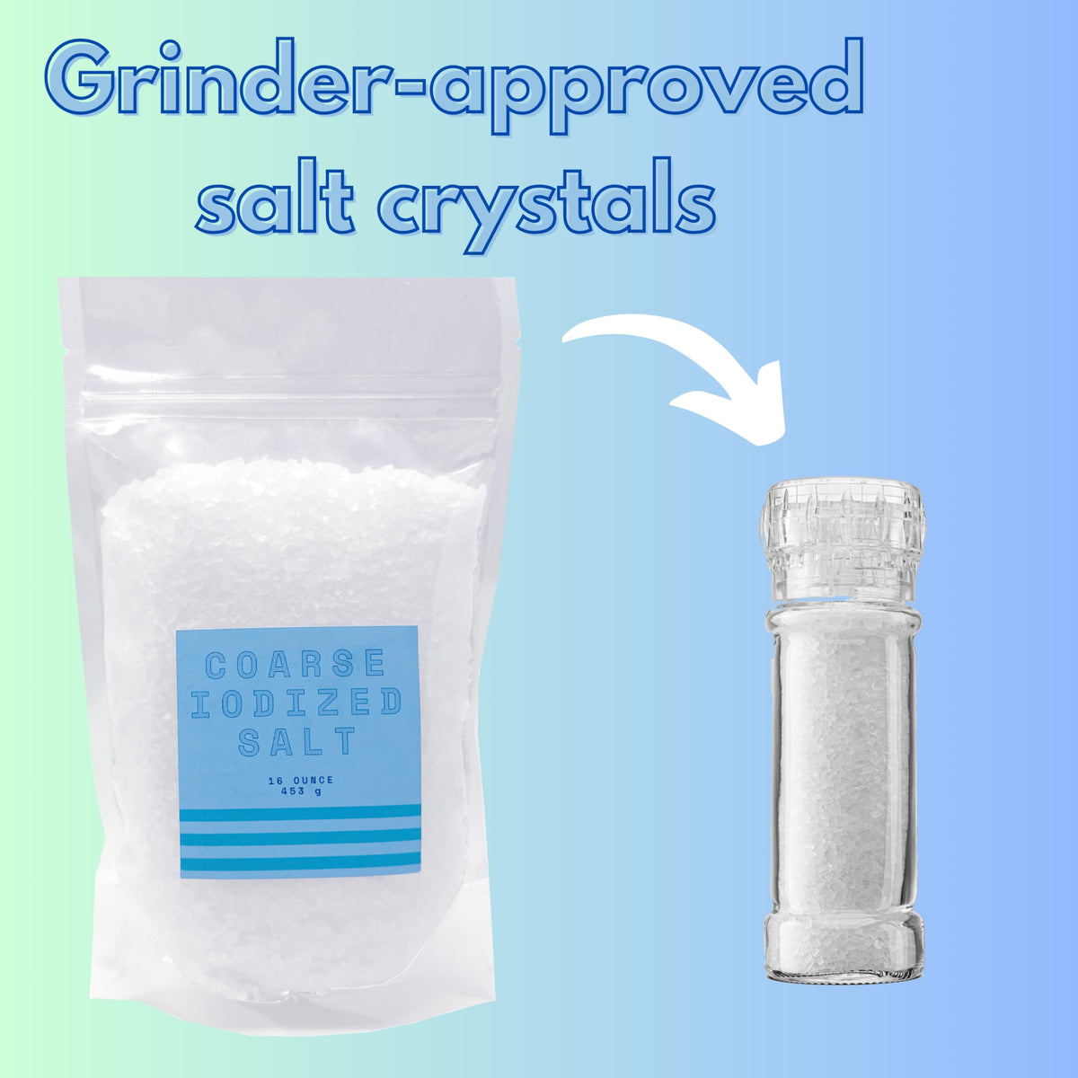 Close-up of coarse iodized salt crystals showing chunky texture for grinders.