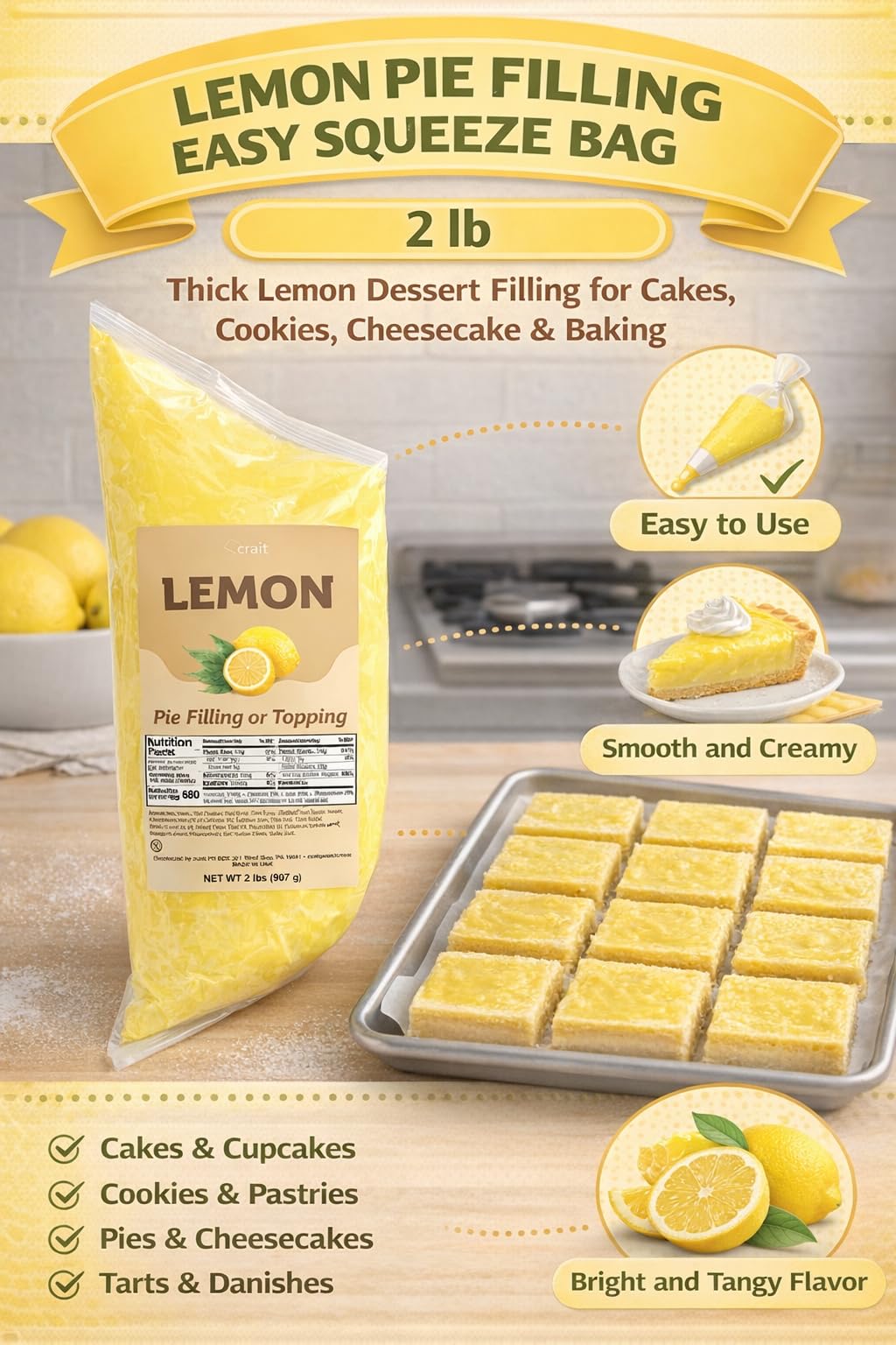 Crait lemon pie filling bag top view emphasizing easy squeezing and clean edges for bakery use
