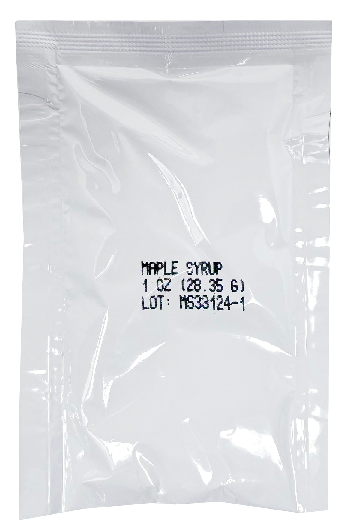 Close-up of a single-serve maple syrup packet being poured for fresh taste.