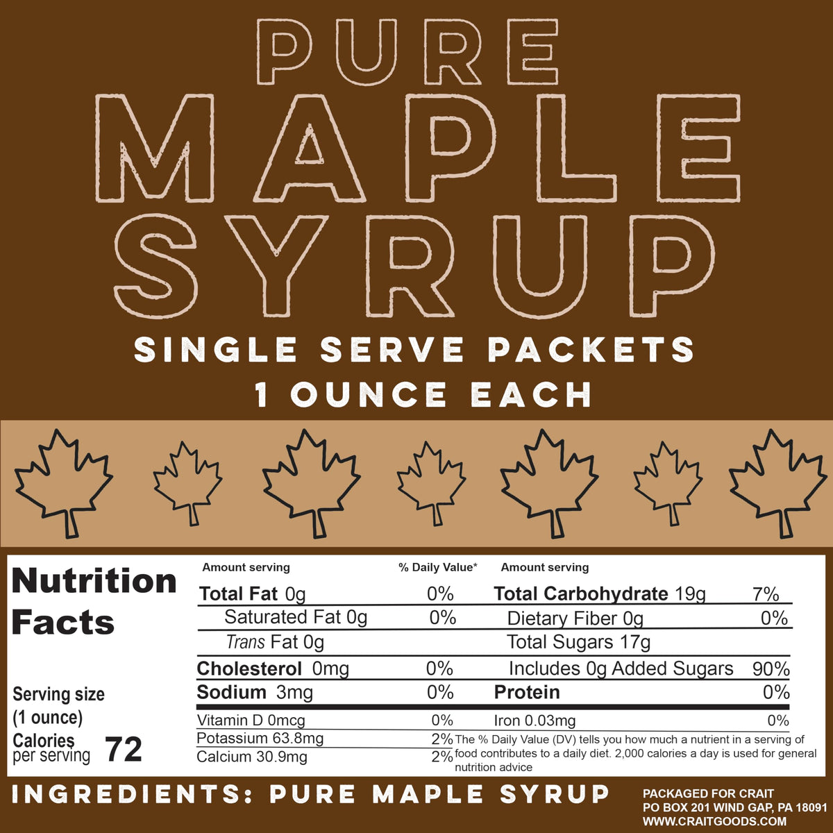 Canadian-origin maple syrup packets with labeling, ideal for travel and daily use.