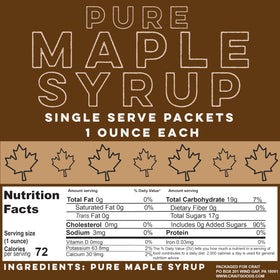 Canadian-origin maple syrup packets with labeling, ideal for travel and daily use.