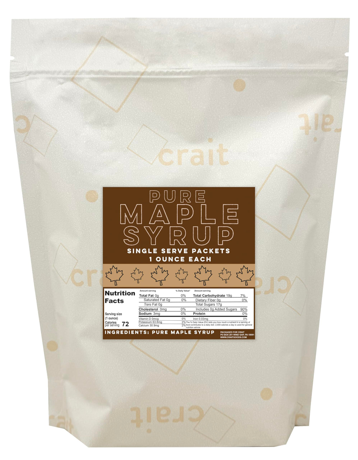 Crait 1oz maple syrup packets on a tray for easy breakfast flavor.