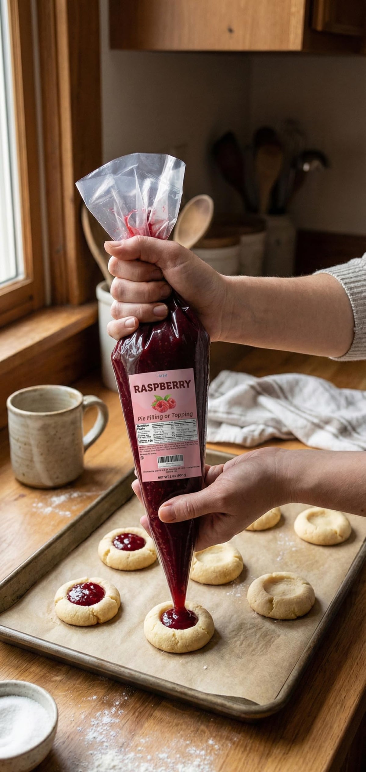 Crait Raspberry Pie Filling being piped from bag to pastry, easy squeeze.
