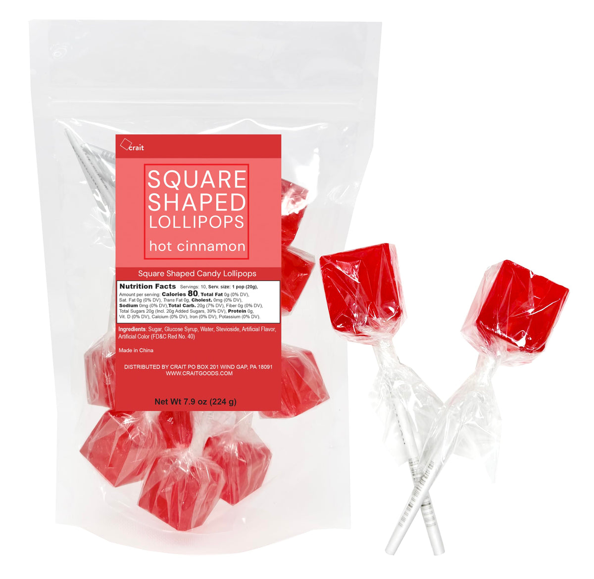 Crait square lollipops red hot cinnamon on a 4-inch stick, gift-ready and visually striking